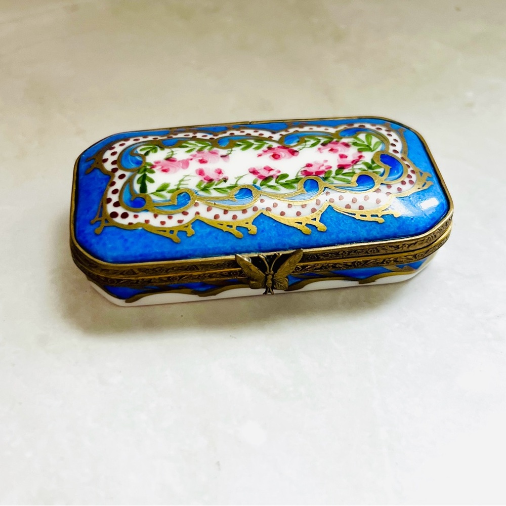 Limoges Blue Porcelain Trinket Box with Pink Floral Motif and Gold Accents